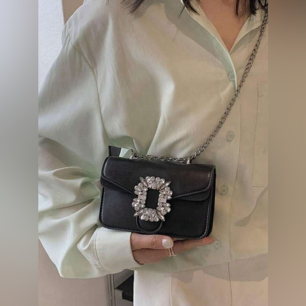 Black leather Rhinestone embellished chain shoulder party Mini Bag night out - Picture 3 of 16